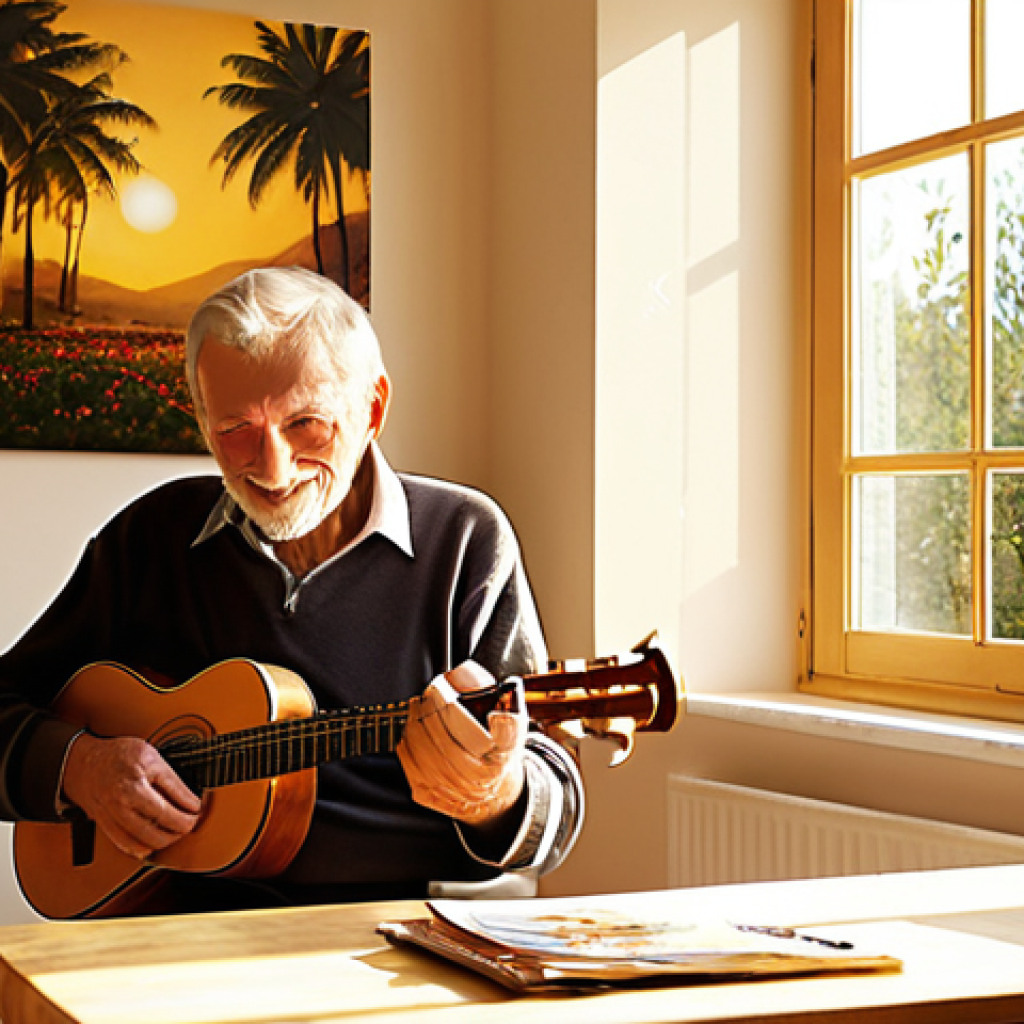 A serene and elegant retired person (male or female, aged 60-75) joyfully pursuing a long-desired passion in a bright, sunlit setting. This could be painting in a spacious studio, tending a vibrant garden, or playing a musical instrument in a cozy living room. The scene should exude peace, purpose, and the freedom of a "golden horizon" beyond office life. Focus on warm, inviting tones and natural light, in an aspirational, high-quality photographic style.
