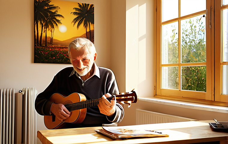 A serene and elegant retired person (male or female, aged 60-75) joyfully pursuing a long-desired passion in a bright, sunlit setting. This could be painting in a spacious studio, tending a vibrant garden, or playing a musical instrument in a cozy living room. The scene should exude peace, purpose, and the freedom of a "golden horizon" beyond office life. Focus on warm, inviting tones and natural light, in an aspirational, high-quality photographic style.