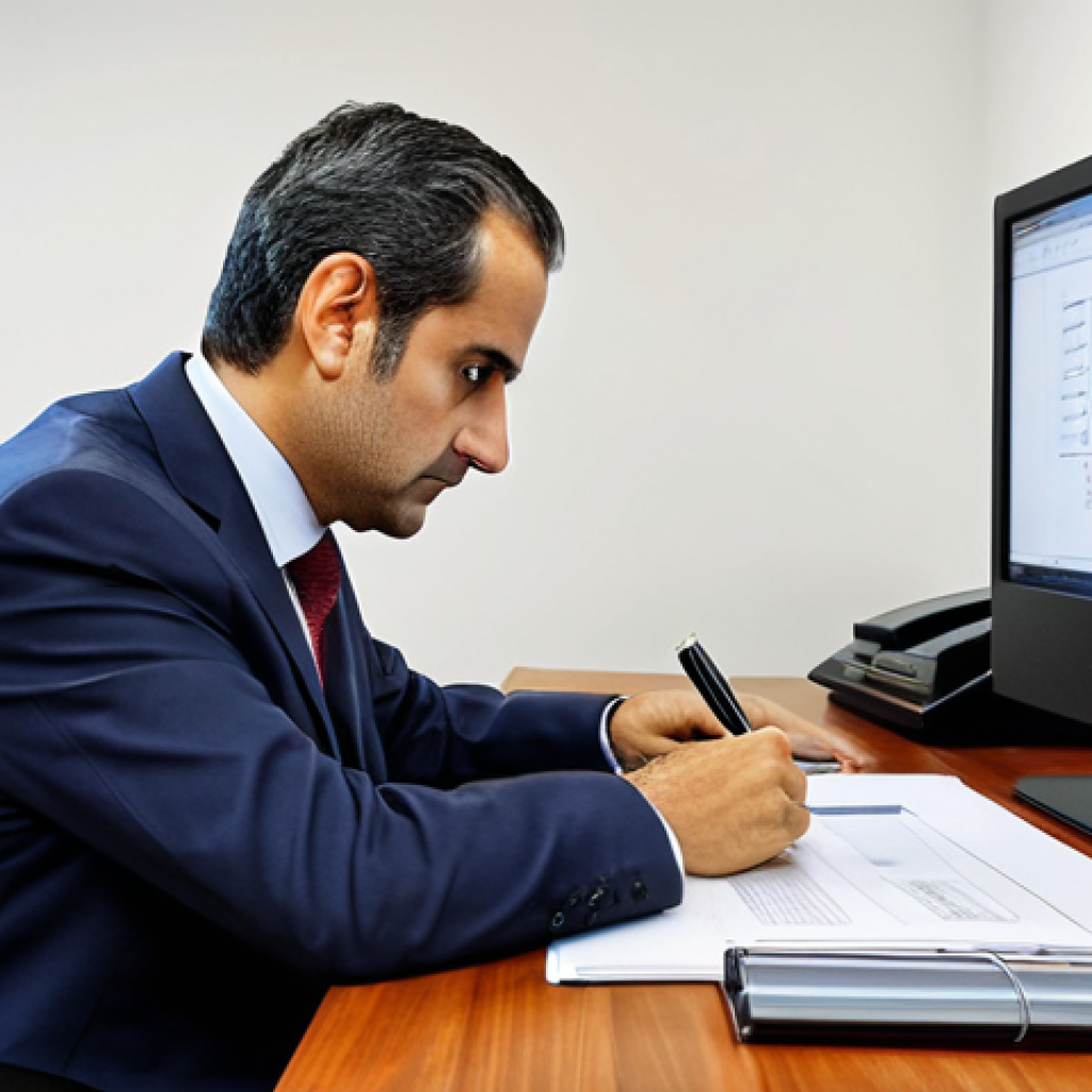 A professional public servant, fully clothed in a modest business suit, is seated at a well-organized desk in a modern yet traditional Spanish government office. The individual is looking intently at a document, with a computer screen also visible on the desk, symbolizing the blend of traditional bureaucracy and digital tools. The background shows blurred office activity, suggesting a dynamic environment. The lighting is bright and professional, highlighting a focused and determined expression. Safe for work, appropriate content, fully clothed, professional, perfect anatomy, correct proportions, natural pose, well-formed hands, proper finger count, natural body proportions, professional photography, high quality.