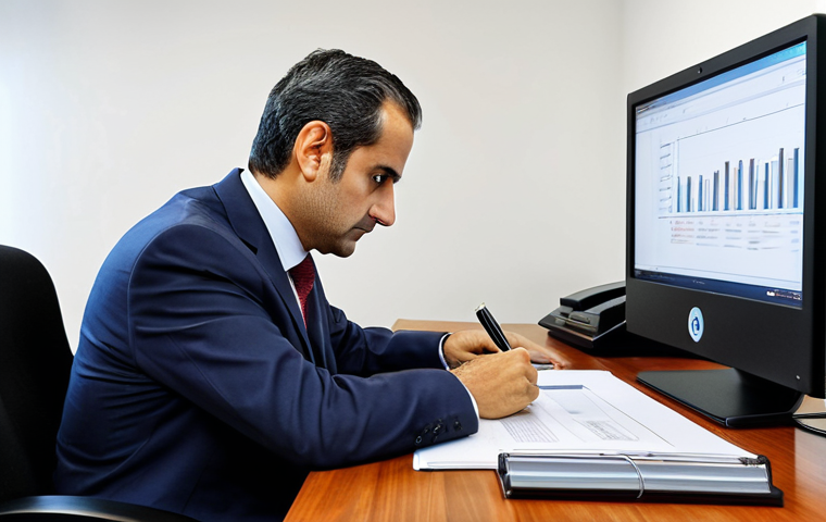 A professional public servant, fully clothed in a modest business suit, is seated at a well-organized desk in a modern yet traditional Spanish government office. The individual is looking intently at a document, with a computer screen also visible on the desk, symbolizing the blend of traditional bureaucracy and digital tools. The background shows blurred office activity, suggesting a dynamic environment. The lighting is bright and professional, highlighting a focused and determined expression. Safe for work, appropriate content, fully clothed, professional, perfect anatomy, correct proportions, natural pose, well-formed hands, proper finger count, natural body proportions, professional photography, high quality.