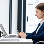 A focused professional student in a modest business casual outfit, seated at a clean, modern desk, utilizing a sleek laptop and a digital tablet for online learning, with AI-driven study tools displayed on screen. The background is a contemporary, well-lit study room, emphasizing digitalization and technological integration. Perfect anatomy, correct proportions, natural pose, well-formed hands, proper finger count, natural body proportions, fully clothed, appropriate attire, professional dress, safe for work, appropriate content, family-friendly, high-resolution, professional photography.