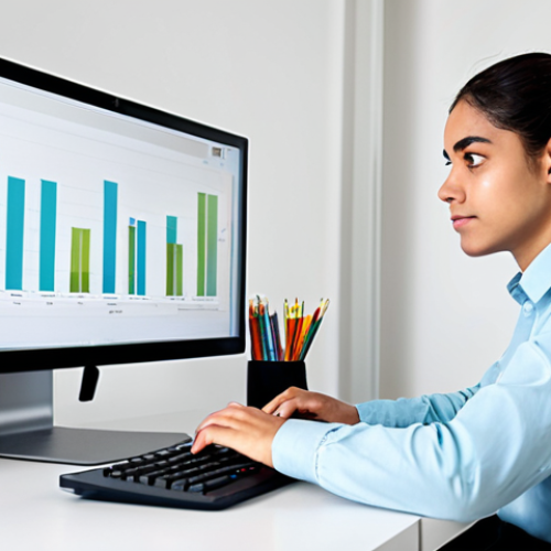 Home 30 A focused professional Spanish student, fully clothed in modest, contemporary attire, sits attentively at a clean, modern desk in a bright home office. A large monitor displays an advanced online learning platform with detailed charts and progress metrics, subtly indicating AI-driven adaptive testing and personalized content. The student has a natural pose, one hand near the keyboard, absorbed in study. The image features professional studio lighting, sharp focus, perfect anatomy, correct proportions, well-formed hands, proper finger count, and natural body proportions. safe for work, appropriate content, fully clothed, professional.