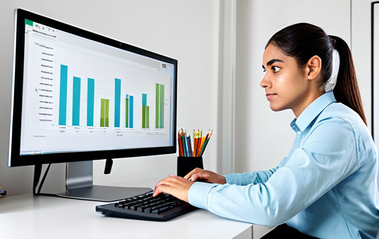 A focused professional Spanish student, fully clothed in modest, contemporary attire, sits attentively at a clean, modern desk in a bright home office. A large monitor displays an advanced online learning platform with detailed charts and progress metrics, subtly indicating AI-driven adaptive testing and personalized content. The student has a natural pose, one hand near the keyboard, absorbed in study. The image features professional studio lighting, sharp focus, perfect anatomy, correct proportions, well-formed hands, proper finger count, and natural body proportions. safe for work, appropriate content, fully clothed, professional.