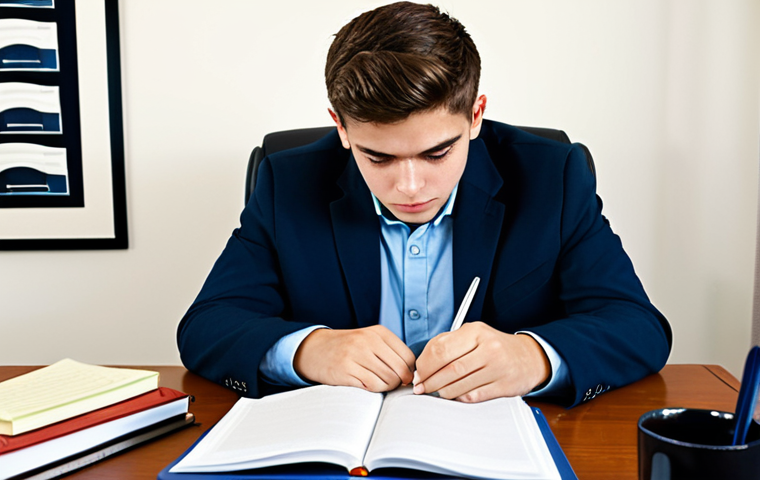 A professional young adult student in modest, comfortable yet professional study attire, fully clothed, seated at a well-lit home study desk. The desk is cluttered with numerous textbooks, binders, and notes, suggesting an overwhelming volume of material. A single, half-empty coffee mug sits on the desk. The student's expression is diligently focused but also slightly fatigued and overwhelmed by the task ahead. The pose is natural and unforced. Perfect anatomy, correct proportions, natural pose, well-formed hands, proper finger count, natural body proportions. High-quality professional photography, natural lighting, sharp focus, safe for work, appropriate content, fully clothed, professional, modest.