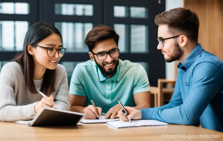 공무원 시험 준비자들을 위한 커뮤니티 활용법 - **Collaborative Study Session**
A diverse group of three young adults (around 25-30 years old) a...