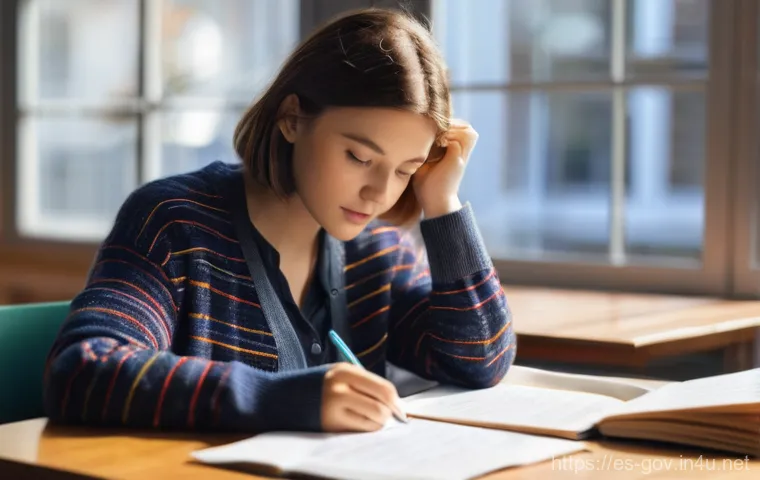 공무원 승진 시험 실무 대비법 - **Prompt:** A focused and determined female student, late 20s, with short, neat brown hair, wearing ...