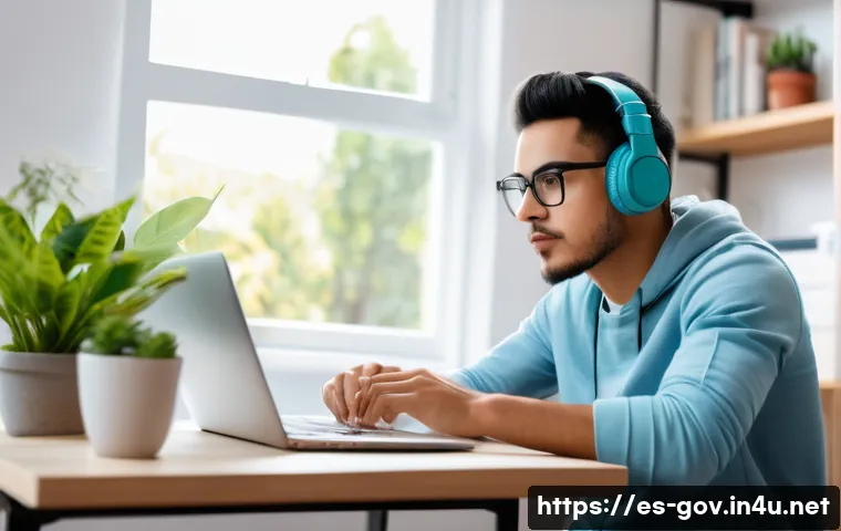 공무원 시험 준비 중 도움 되는 동영상 강의 - A focused young adult Hispanic student studying online at a tidy desk in a bright, modern home offic...