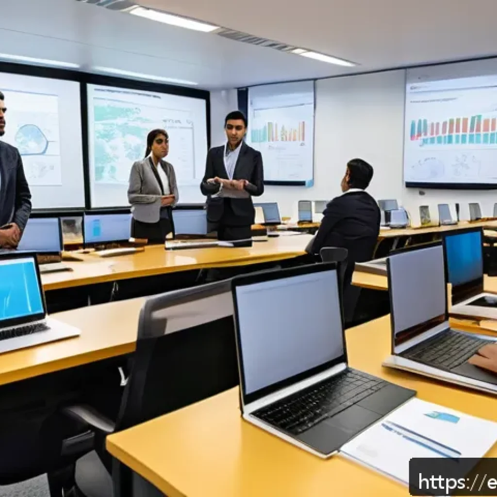 공무원 직무 전문성을 높이는 법 - A modern government office scene in a Latin American city, showing a diverse group of public servant...