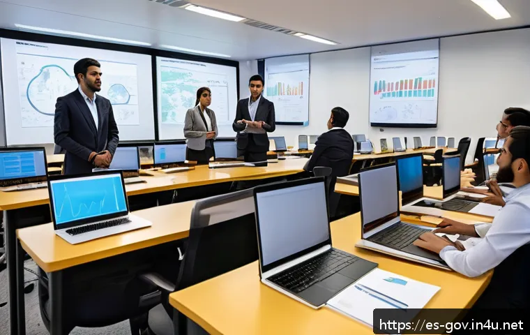 공무원 직무 전문성을 높이는 법 - A modern government office scene in a Latin American city, showing a diverse group of public servant...