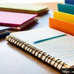 Home 21 공무원 시험 이론 정리 요령 - A bright, organized study desk with colorful notebooks and stationery arranged neatly, featuring han...