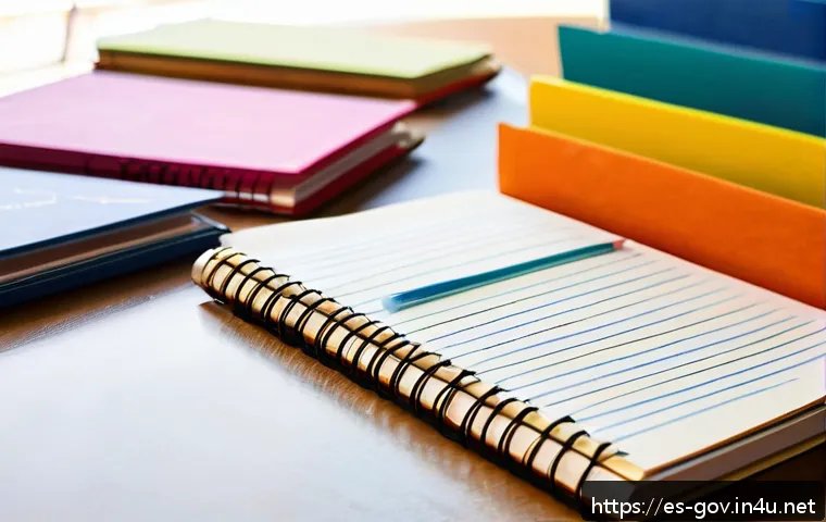 공무원 시험 이론 정리 요령 - A bright, organized study desk with colorful notebooks and stationery arranged neatly, featuring han...