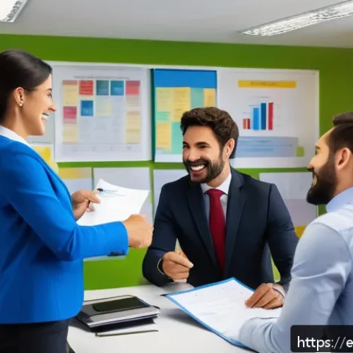Home 32 공무원 동기부여 성공 사례 - A vibrant office scene in a Spanish-speaking public administration building, showing diverse employe...