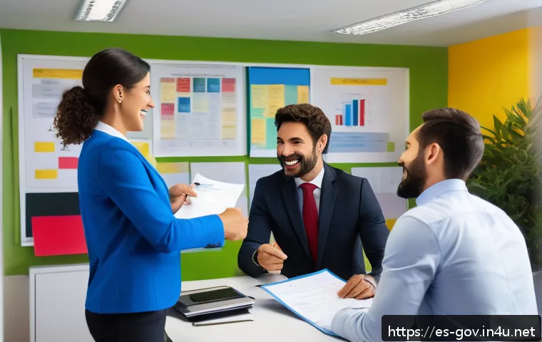 공무원 동기부여 성공 사례 - A vibrant office scene in a Spanish-speaking public administration building, showing diverse employe...