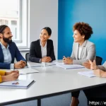 Home 18 공무원 조직 내 문제 해결의 성공 사례 - A diverse group of public sector employees engaged in an open dialogue session inside a modern munic...