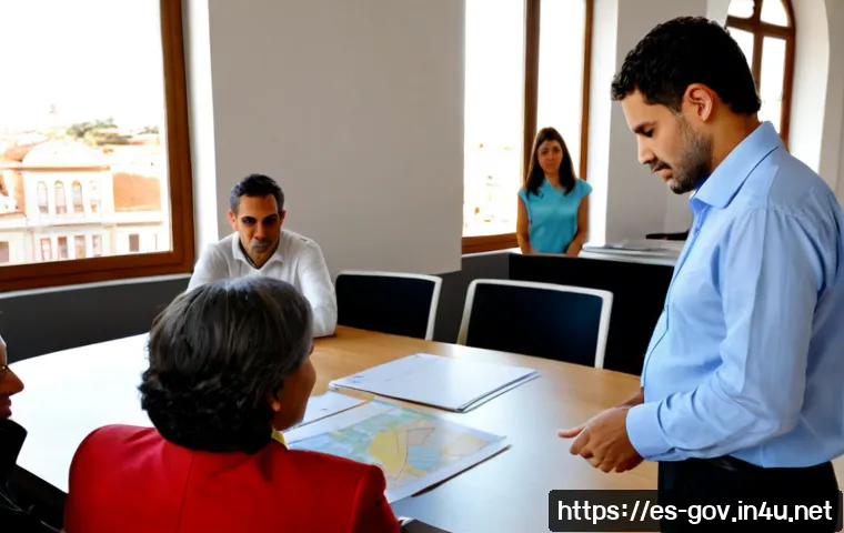 Home 17 공무원 조직 내 문제 해결 사례 - Photorealistic Spanish municipal office problem-solving meeting, diverse civil servants gathered aro...